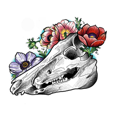 Blackwork Raccoon Skull with Florals.